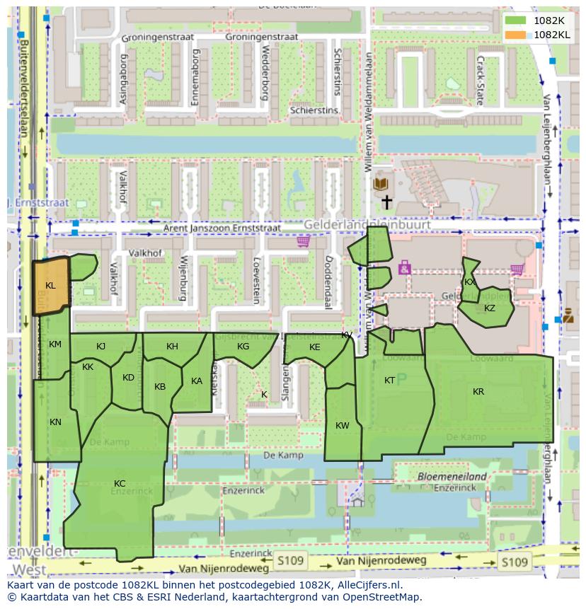 Afbeelding van het postcodegebied 1082 KL op de kaart.