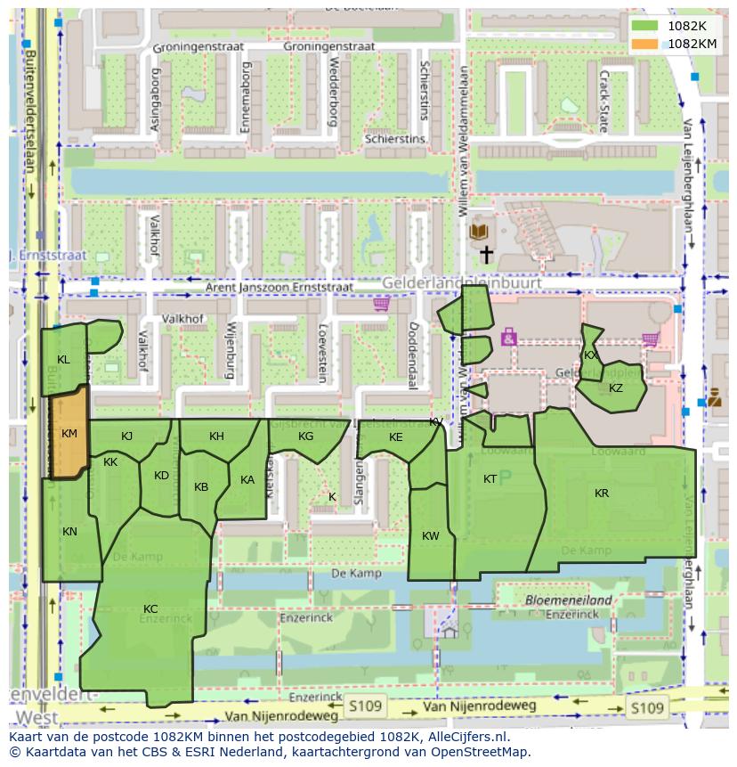 Afbeelding van het postcodegebied 1082 KM op de kaart.