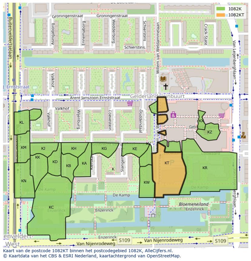 Afbeelding van het postcodegebied 1082 KT op de kaart.