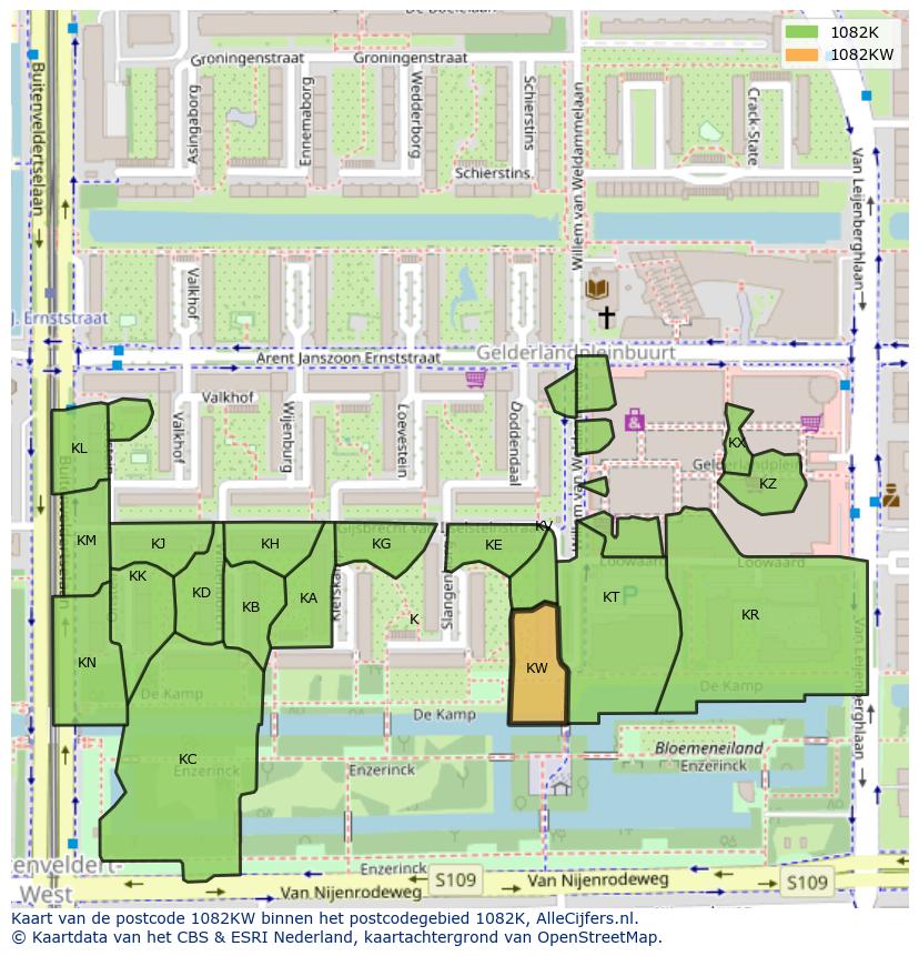 Afbeelding van het postcodegebied 1082 KW op de kaart.