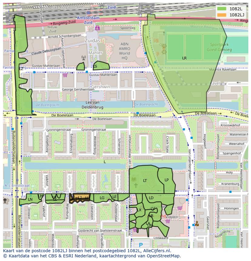 Afbeelding van het postcodegebied 1082 LJ op de kaart.