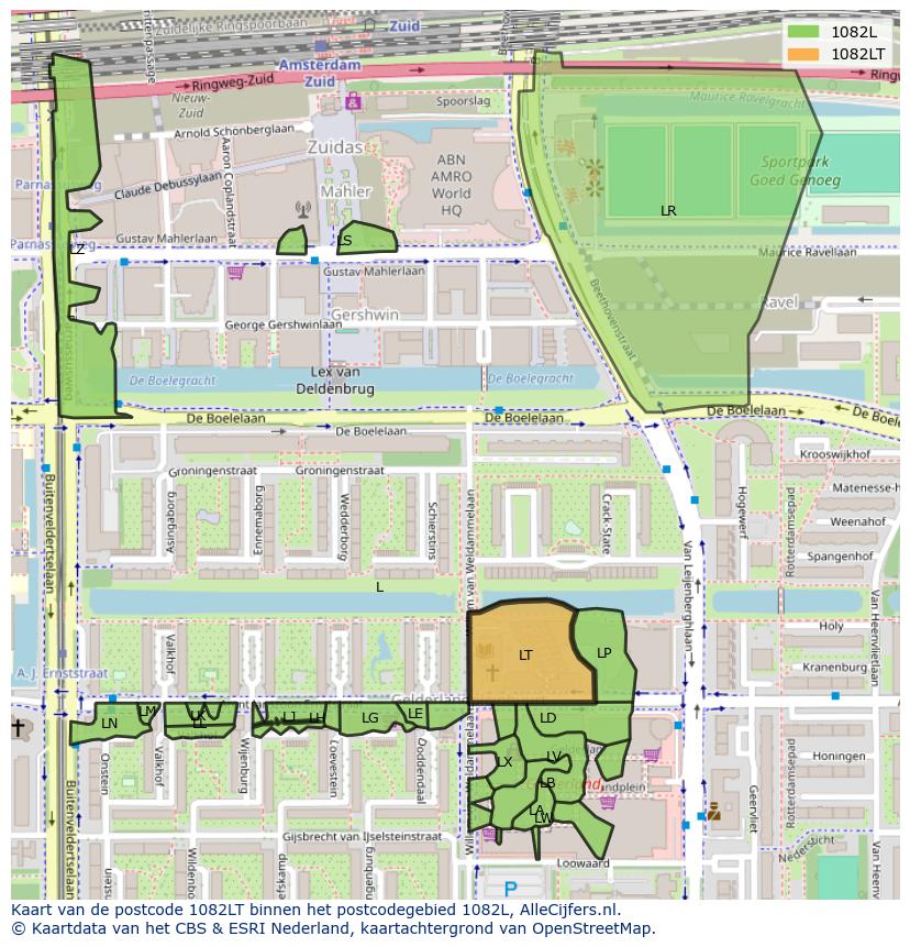 Afbeelding van het postcodegebied 1082 LT op de kaart.