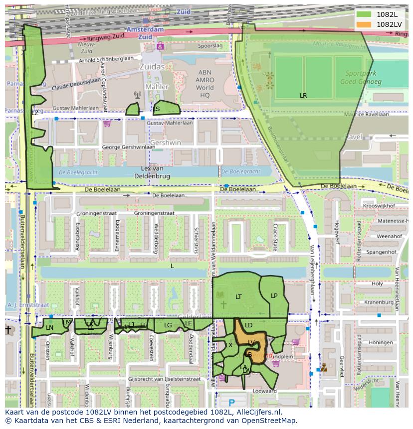 Afbeelding van het postcodegebied 1082 LV op de kaart.