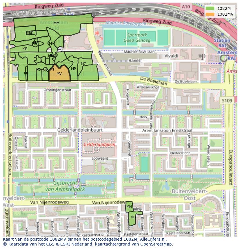 Afbeelding van het postcodegebied 1082 MV op de kaart.