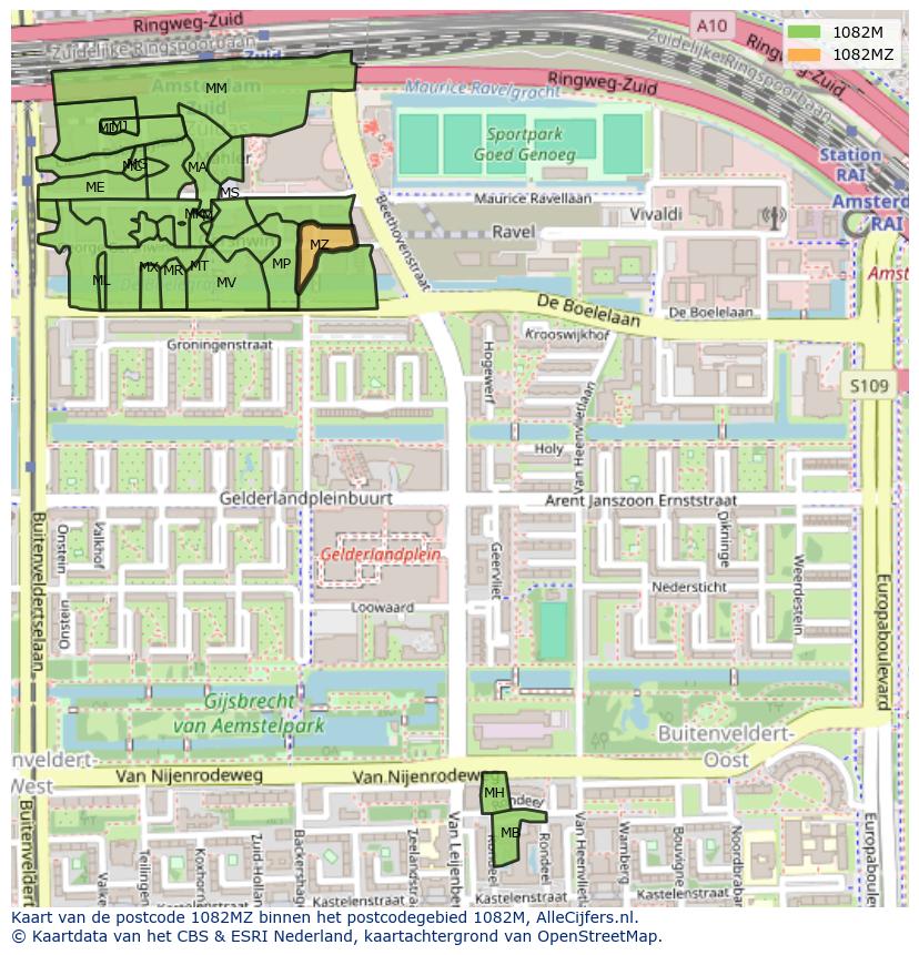 Afbeelding van het postcodegebied 1082 MZ op de kaart.