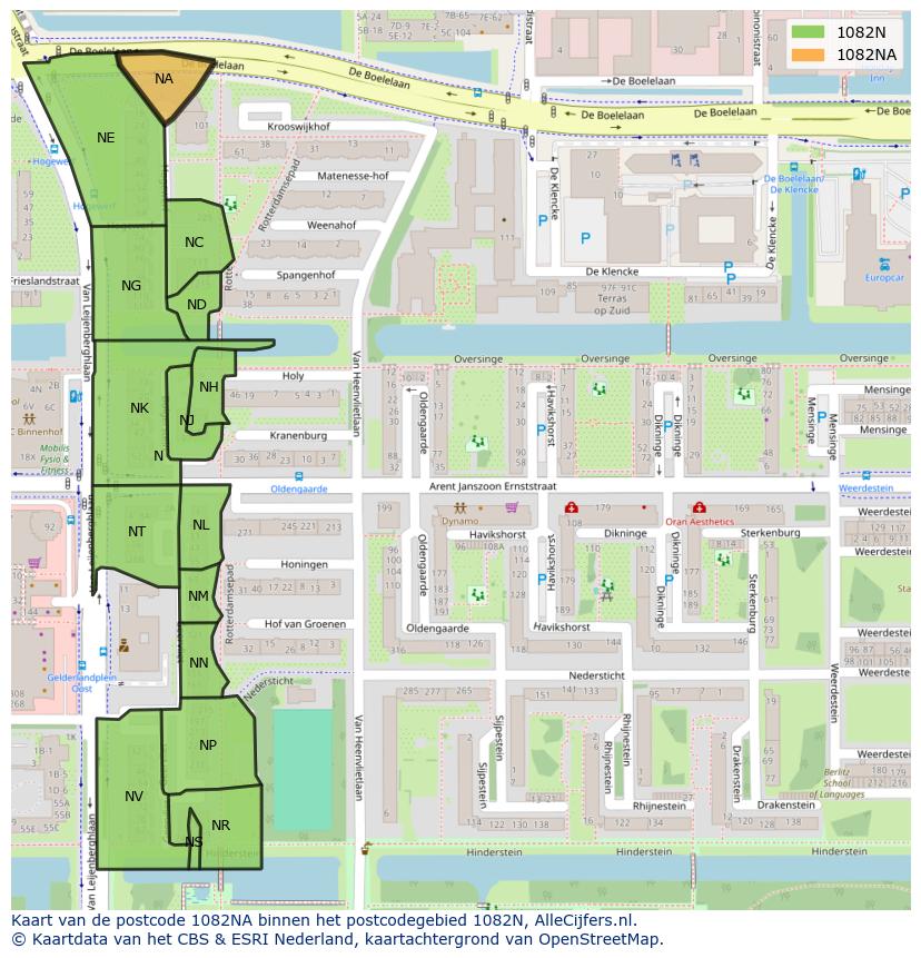 Afbeelding van het postcodegebied 1082 NA op de kaart.