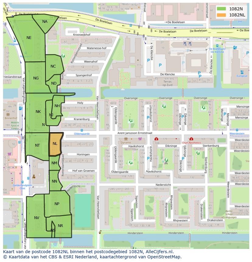 Afbeelding van het postcodegebied 1082 NL op de kaart.