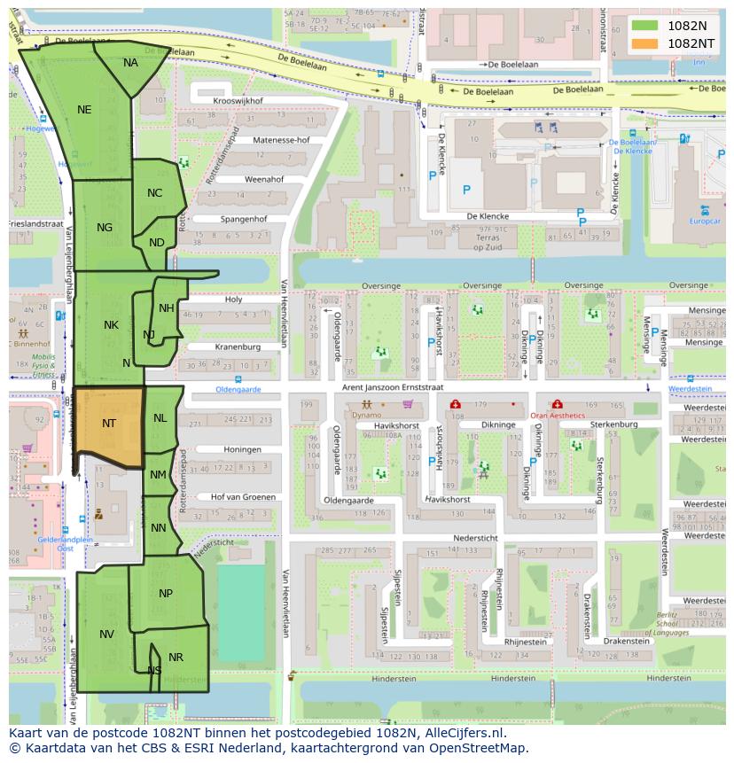 Afbeelding van het postcodegebied 1082 NT op de kaart.
