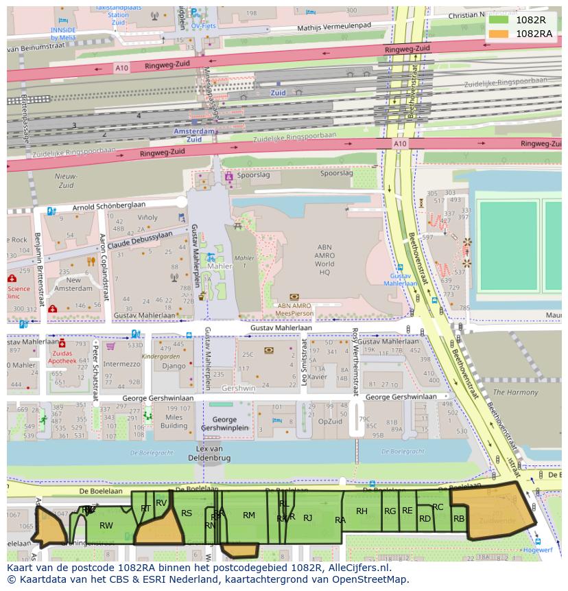 Afbeelding van het postcodegebied 1082 RA op de kaart.