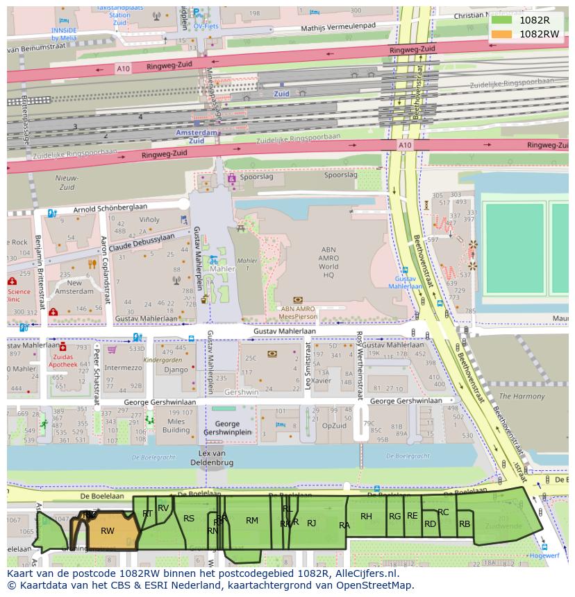 Afbeelding van het postcodegebied 1082 RW op de kaart.