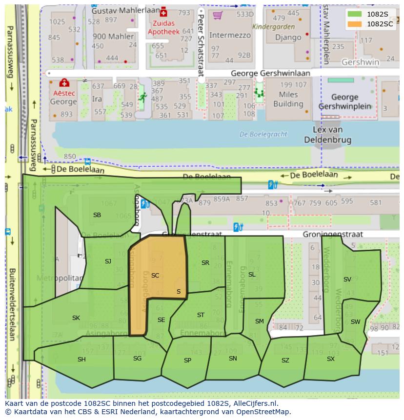 Afbeelding van het postcodegebied 1082 SC op de kaart.