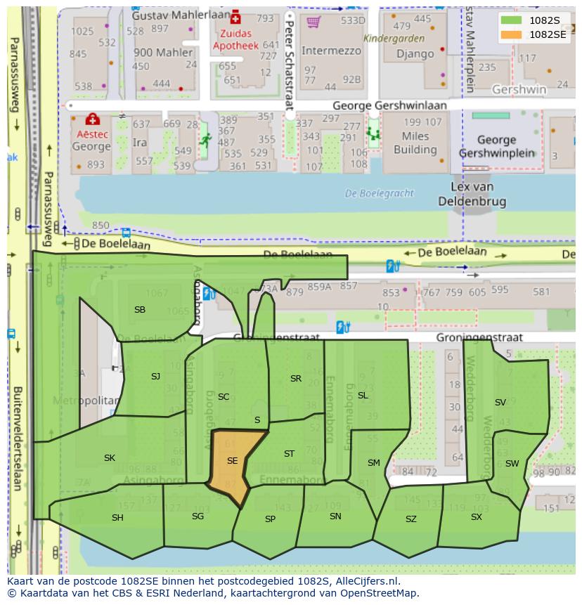 Afbeelding van het postcodegebied 1082 SE op de kaart.