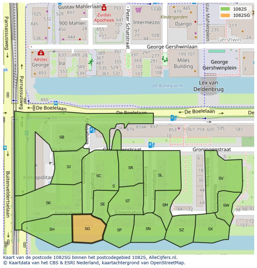 Afbeelding van het postcodegebied 1082 SG op de kaart.