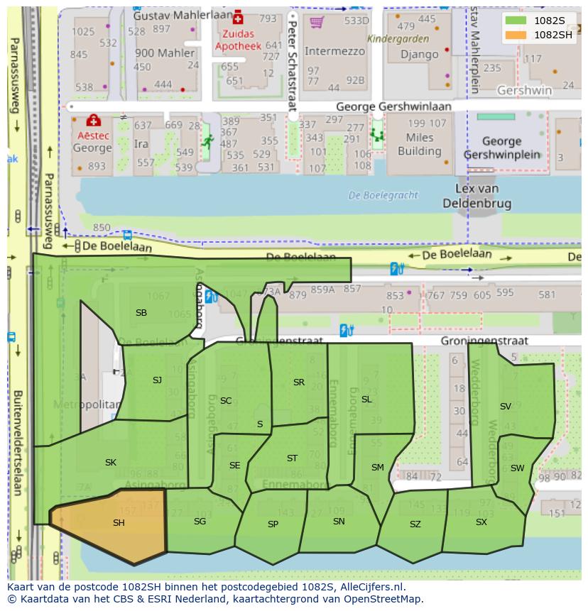 Afbeelding van het postcodegebied 1082 SH op de kaart.