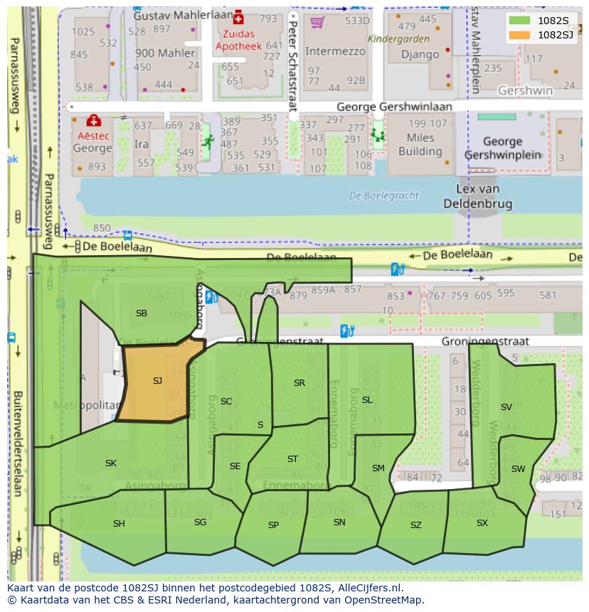 Afbeelding van het postcodegebied 1082 SJ op de kaart.