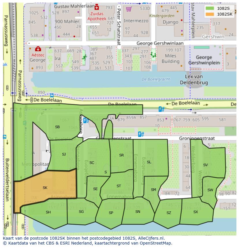 Afbeelding van het postcodegebied 1082 SK op de kaart.