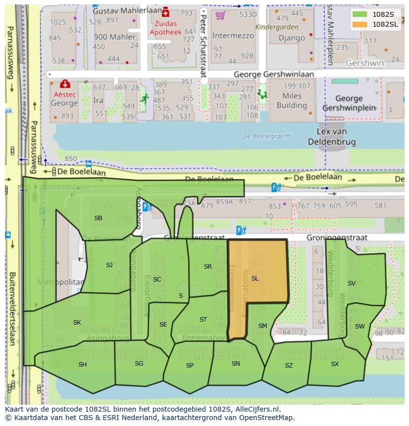 Afbeelding van het postcodegebied 1082 SL op de kaart.