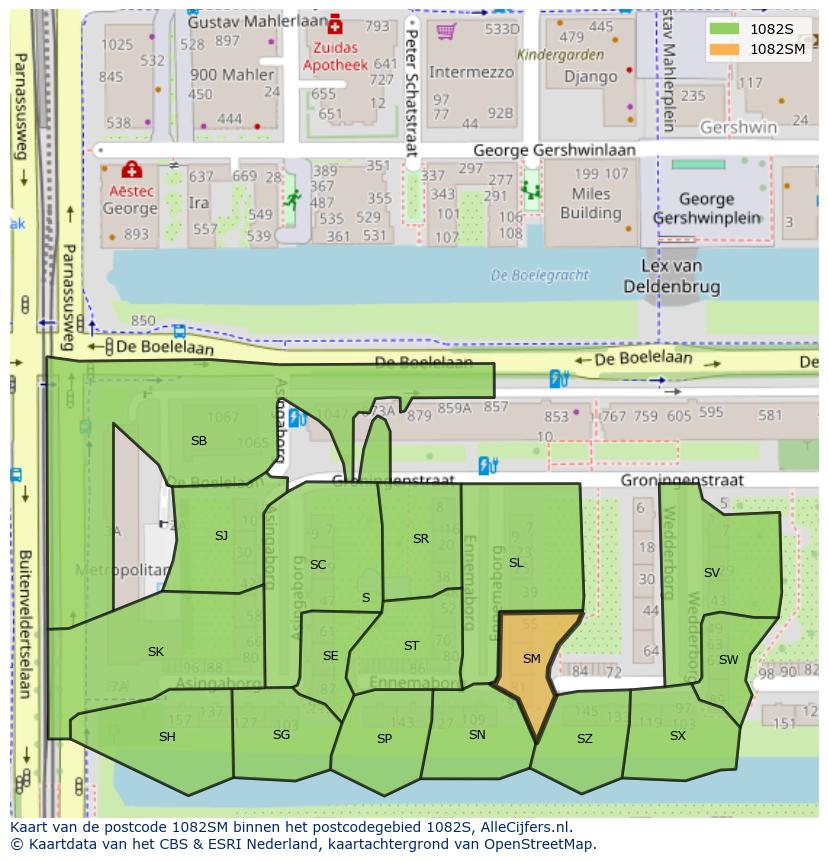 Afbeelding van het postcodegebied 1082 SM op de kaart.