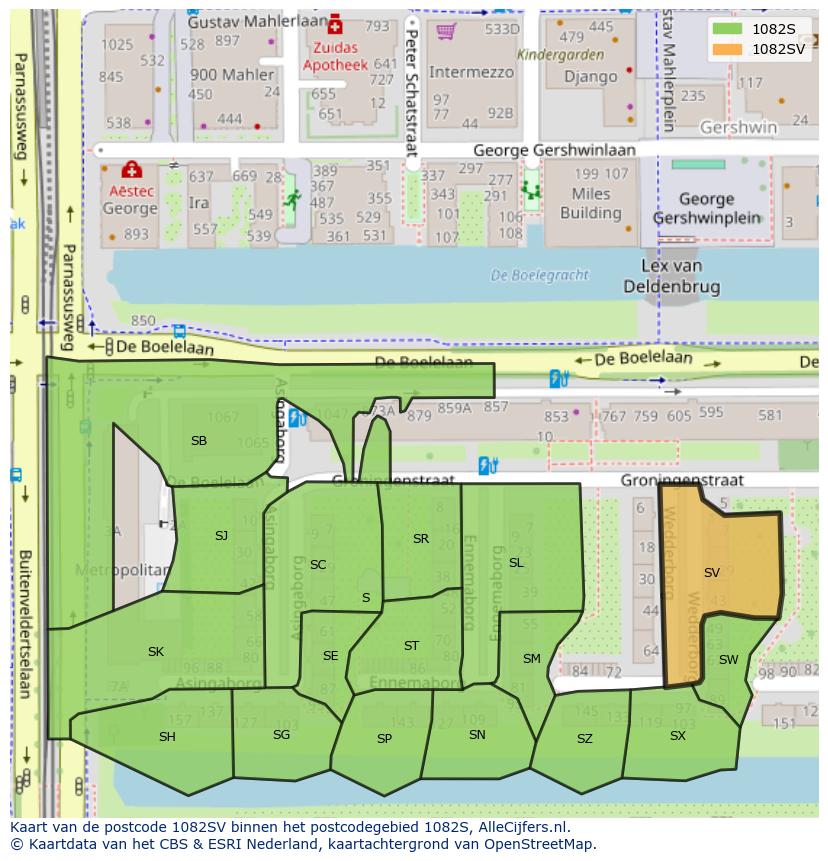 Afbeelding van het postcodegebied 1082 SV op de kaart.