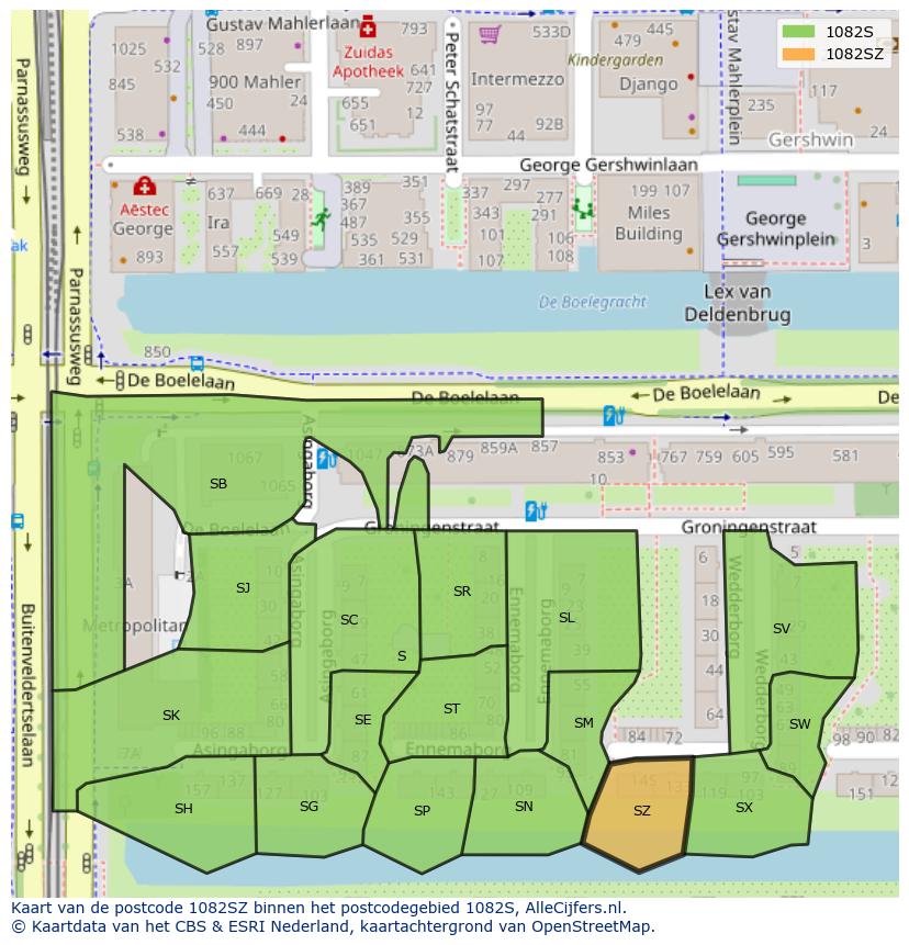 Afbeelding van het postcodegebied 1082 SZ op de kaart.