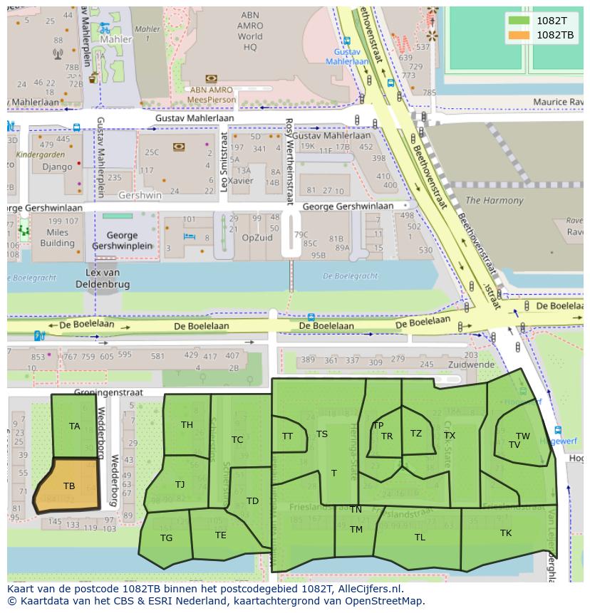 Afbeelding van het postcodegebied 1082 TB op de kaart.