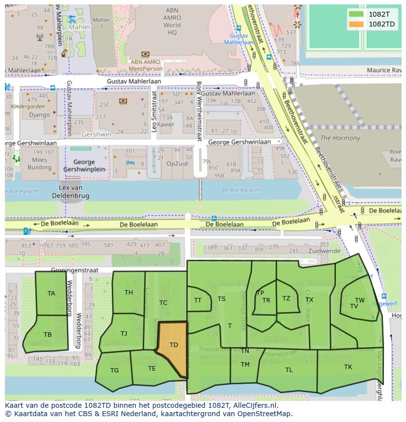 Afbeelding van het postcodegebied 1082 TD op de kaart.
