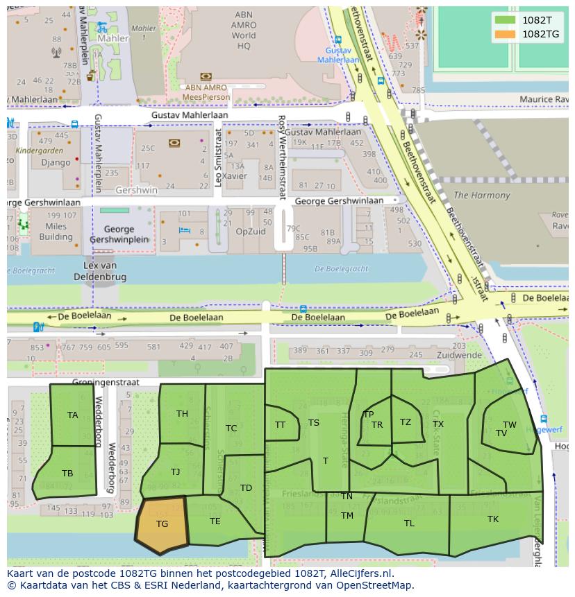 Afbeelding van het postcodegebied 1082 TG op de kaart.