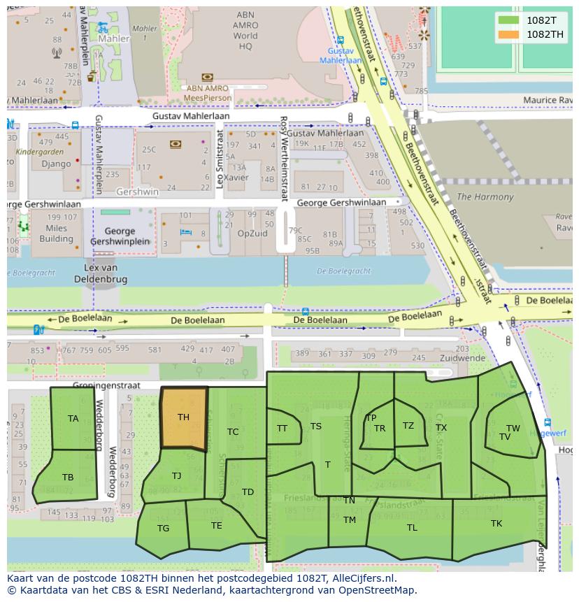 Afbeelding van het postcodegebied 1082 TH op de kaart.