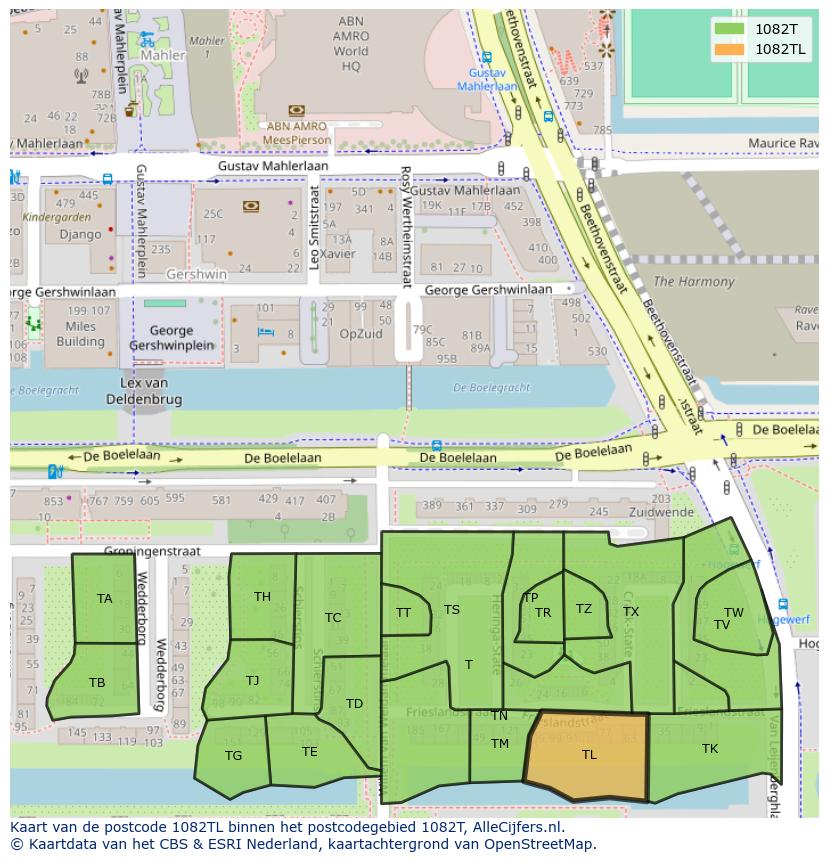 Afbeelding van het postcodegebied 1082 TL op de kaart.