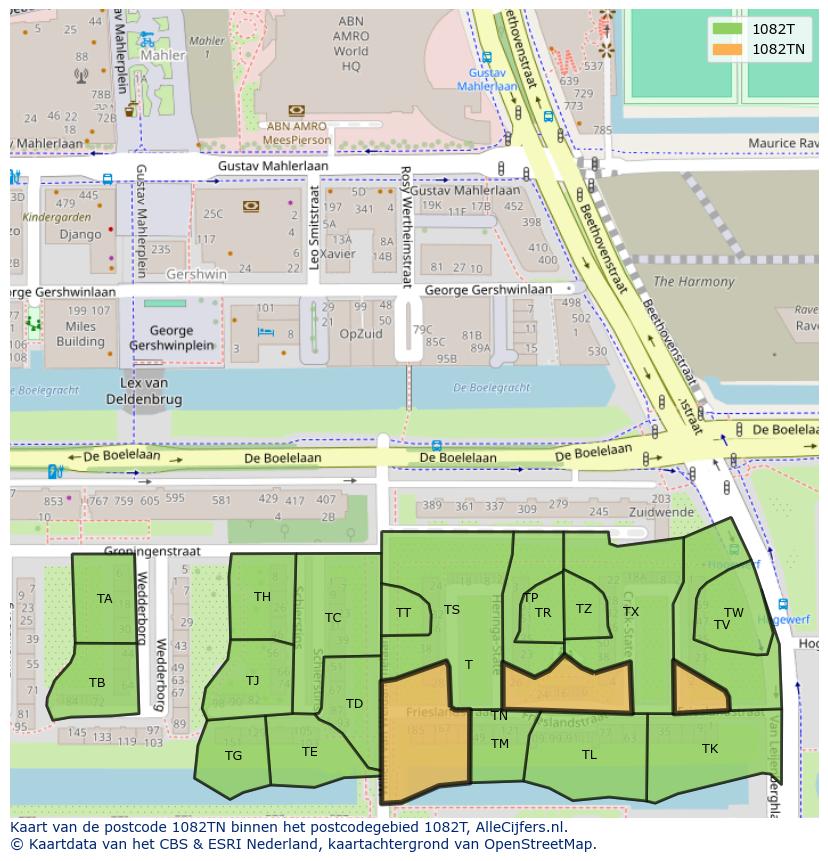 Afbeelding van het postcodegebied 1082 TN op de kaart.