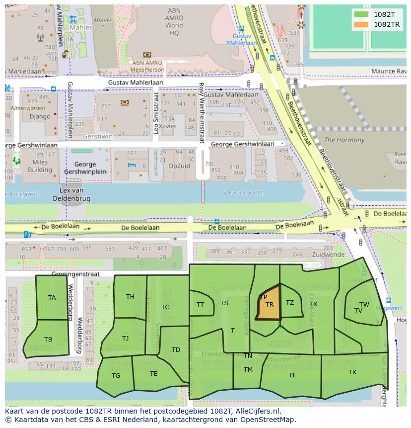 Afbeelding van het postcodegebied 1082 TR op de kaart.