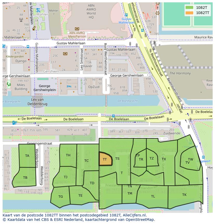 Afbeelding van het postcodegebied 1082 TT op de kaart.