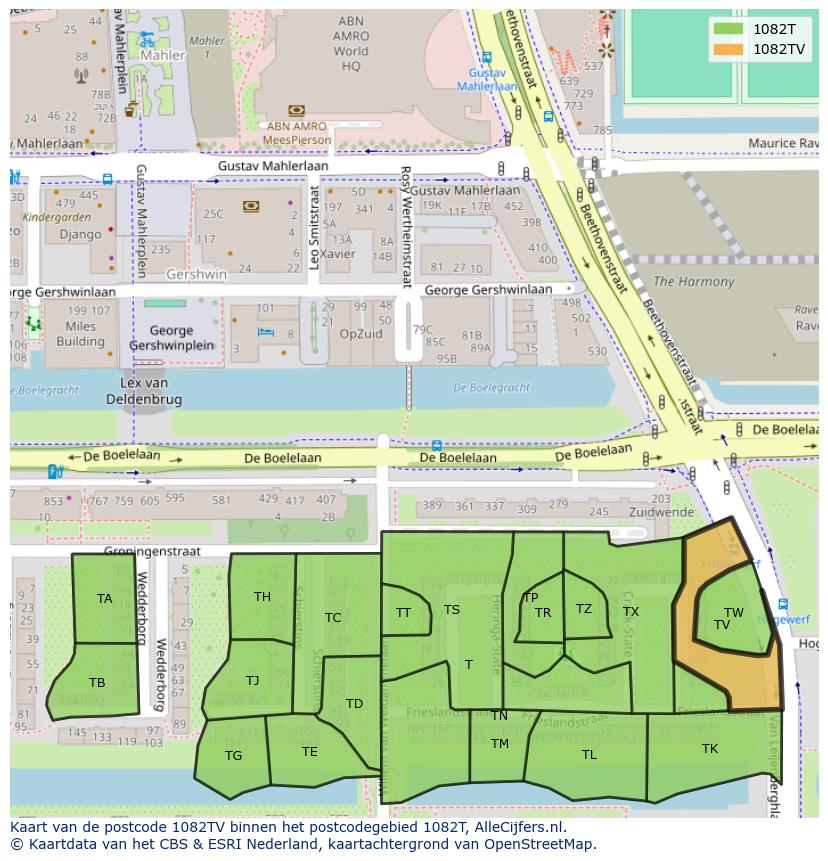 Afbeelding van het postcodegebied 1082 TV op de kaart.