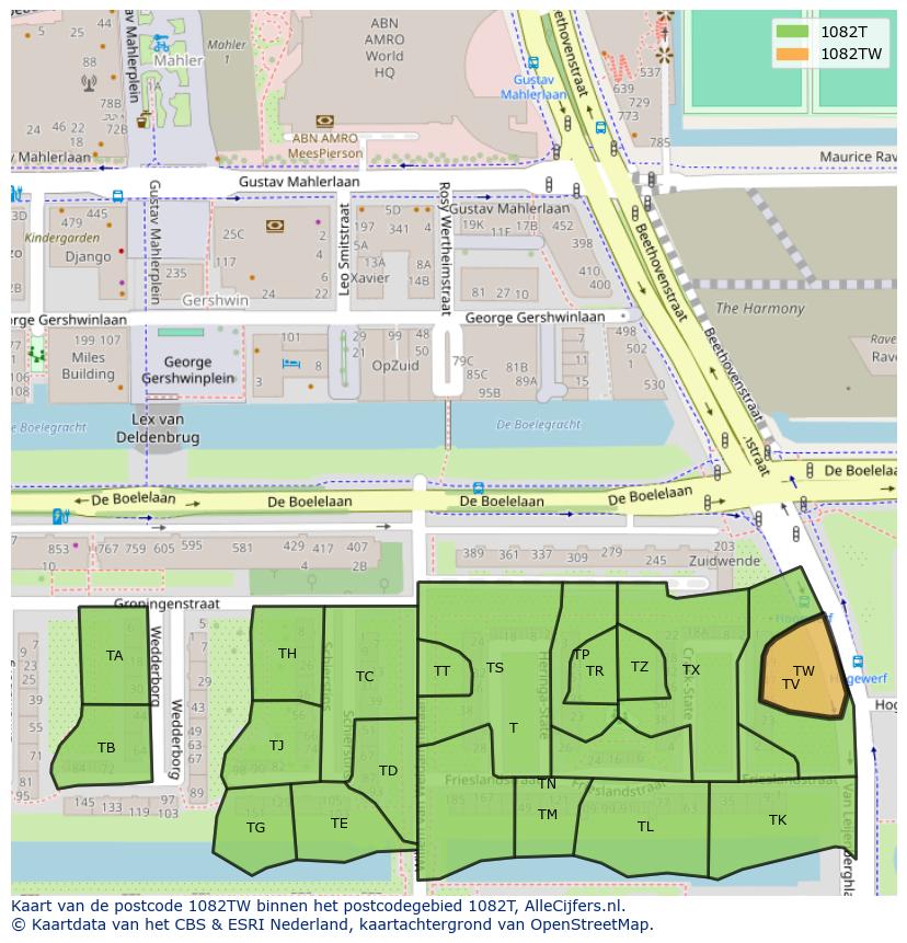Afbeelding van het postcodegebied 1082 TW op de kaart.