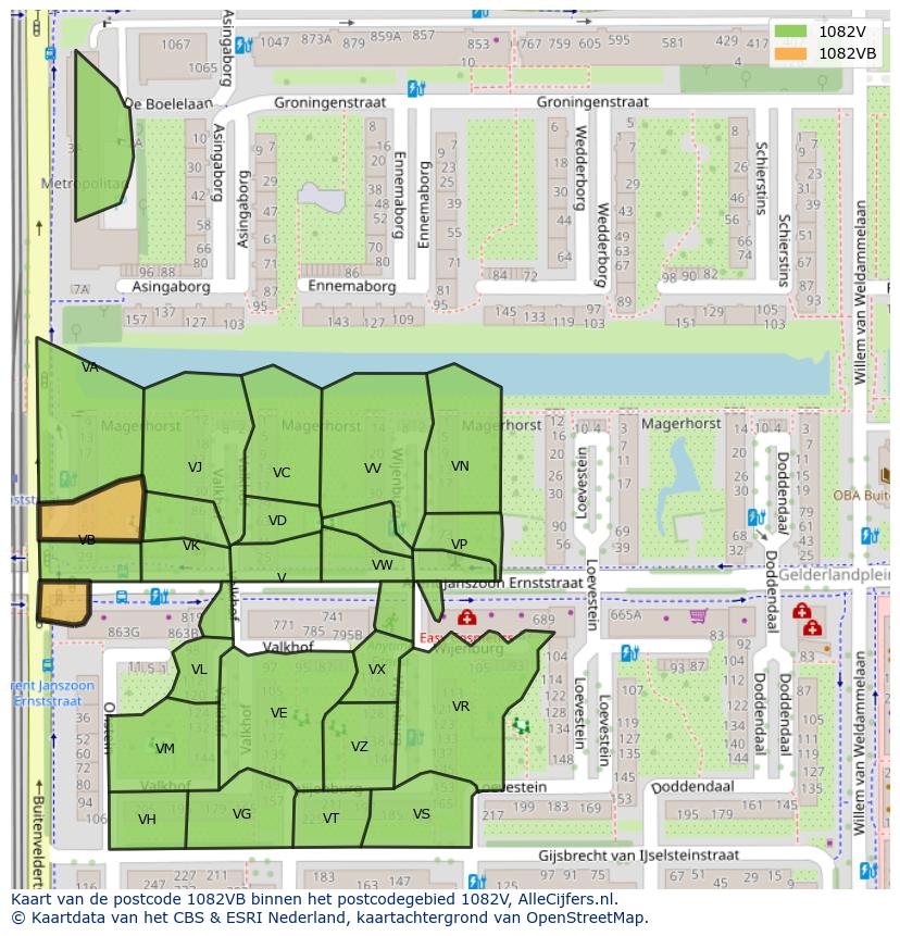 Afbeelding van het postcodegebied 1082 VB op de kaart.