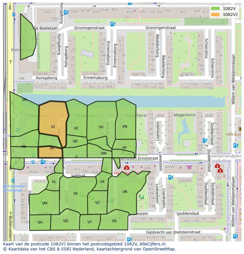 Afbeelding van het postcodegebied 1082 VJ op de kaart.