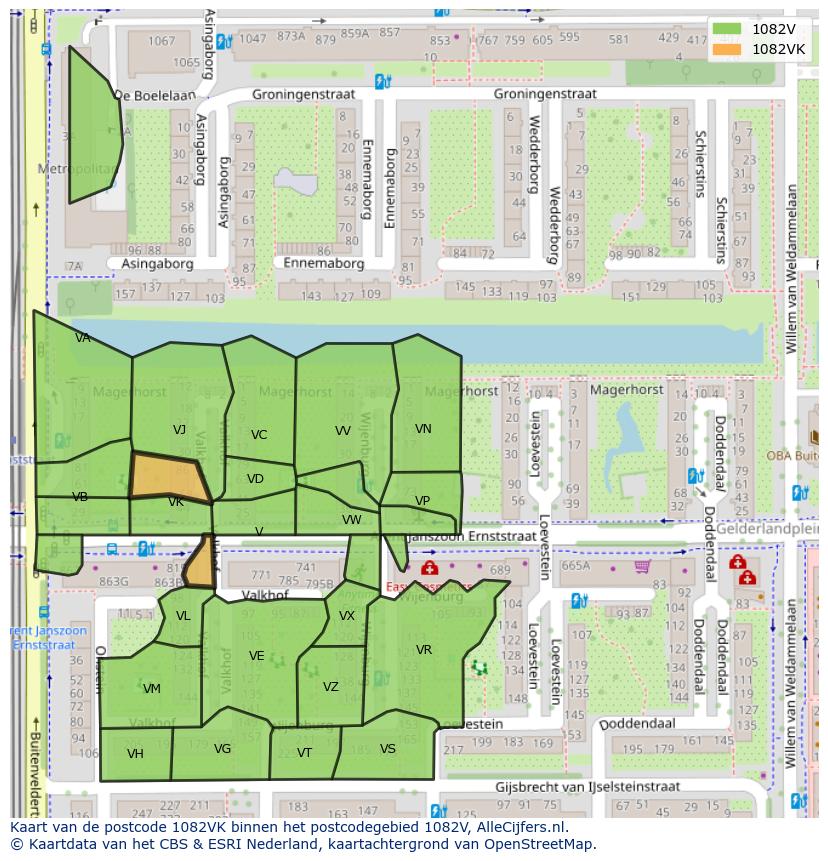 Afbeelding van het postcodegebied 1082 VK op de kaart.