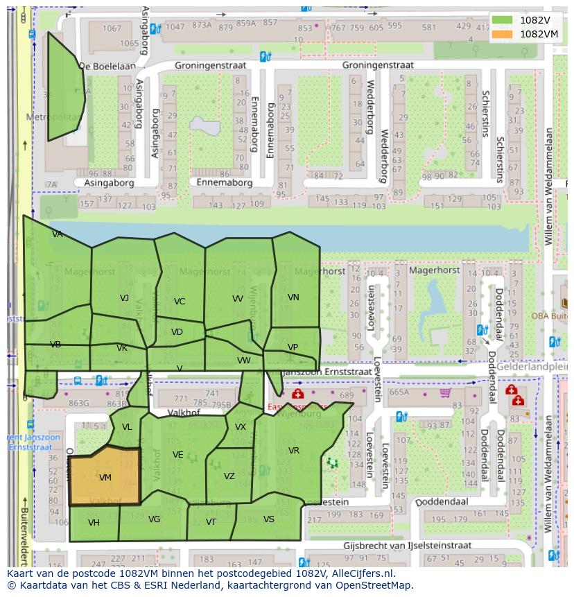 Afbeelding van het postcodegebied 1082 VM op de kaart.