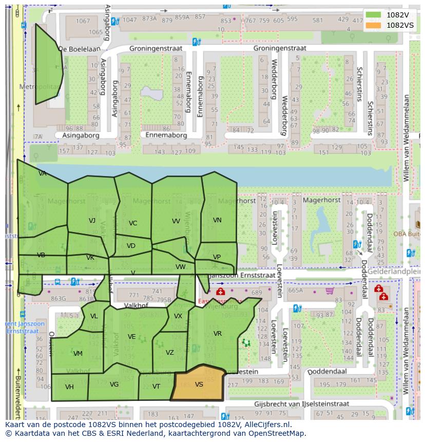 Afbeelding van het postcodegebied 1082 VS op de kaart.