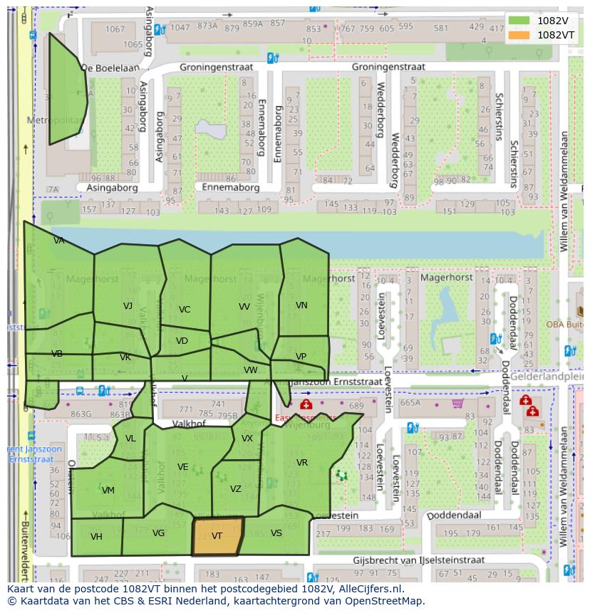 Afbeelding van het postcodegebied 1082 VT op de kaart.