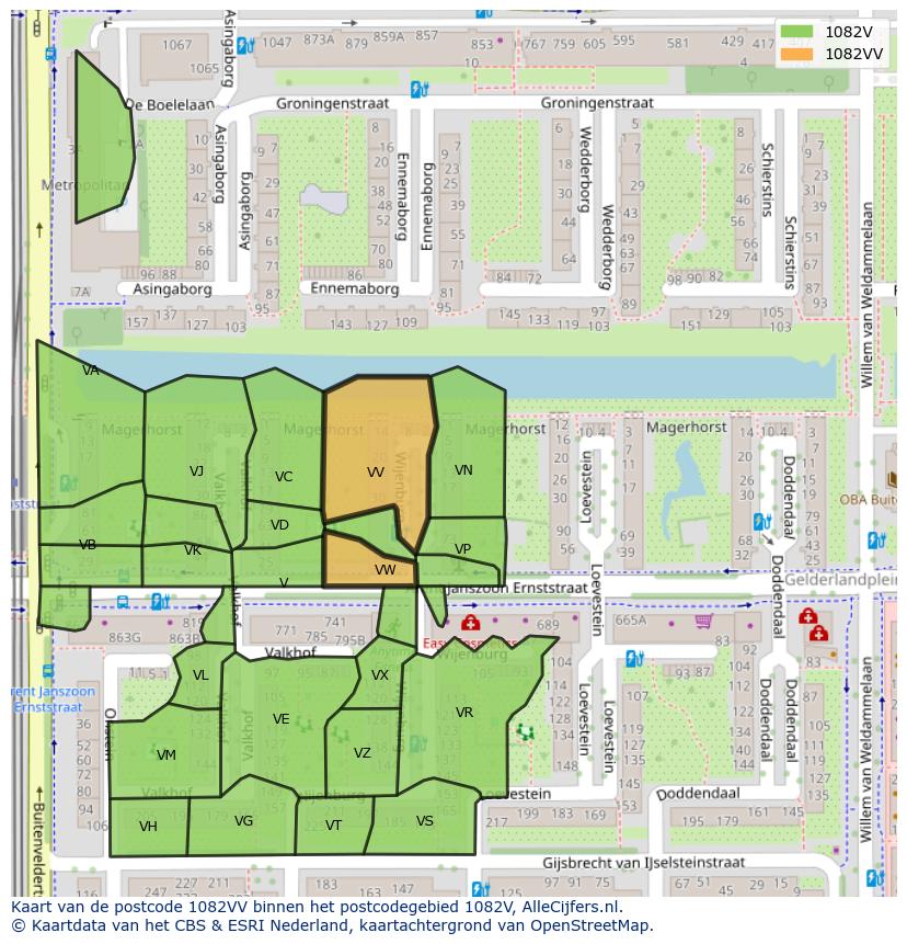 Afbeelding van het postcodegebied 1082 VV op de kaart.