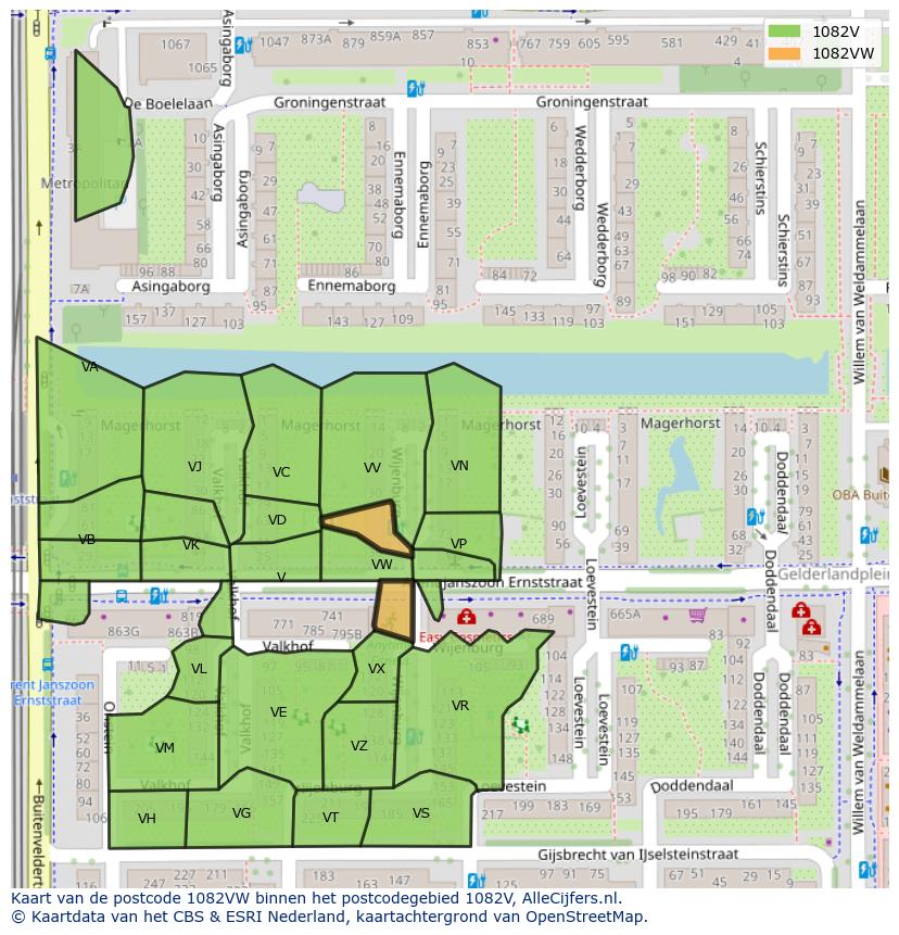 Afbeelding van het postcodegebied 1082 VW op de kaart.