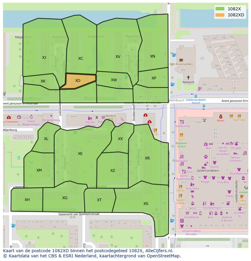 Afbeelding van het postcodegebied 1082 XD op de kaart.