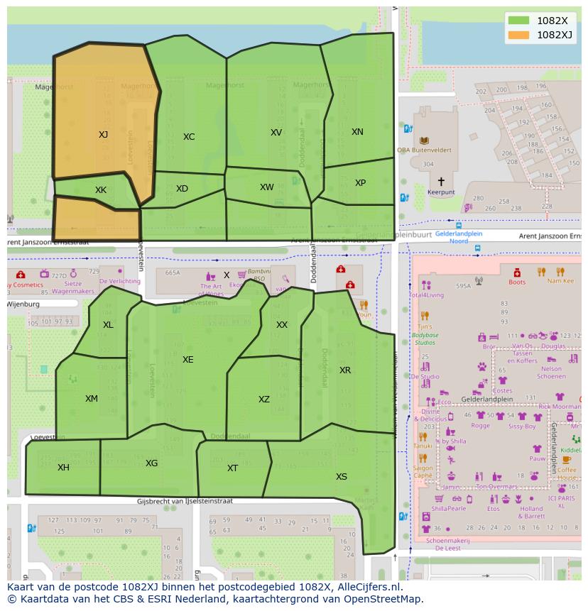 Afbeelding van het postcodegebied 1082 XJ op de kaart.