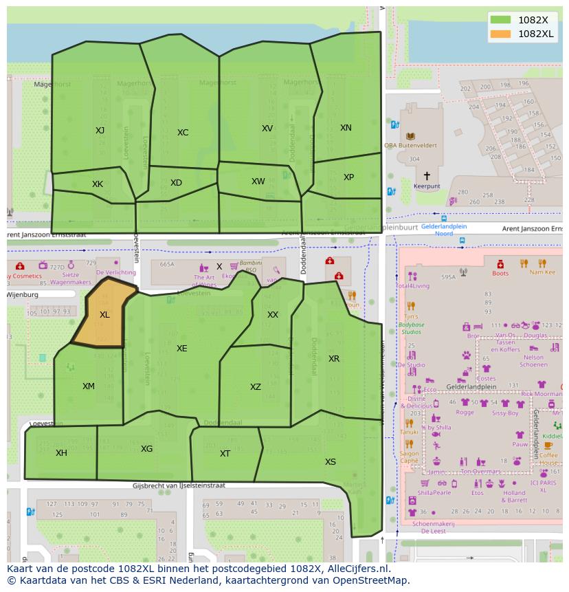 Afbeelding van het postcodegebied 1082 XL op de kaart.
