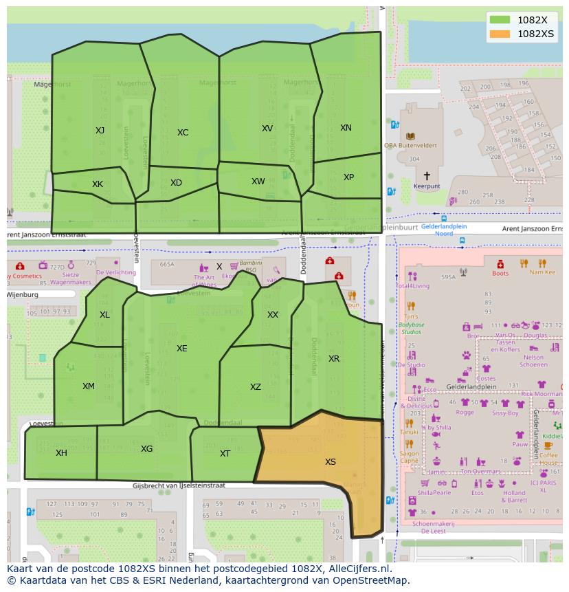 Afbeelding van het postcodegebied 1082 XS op de kaart.
