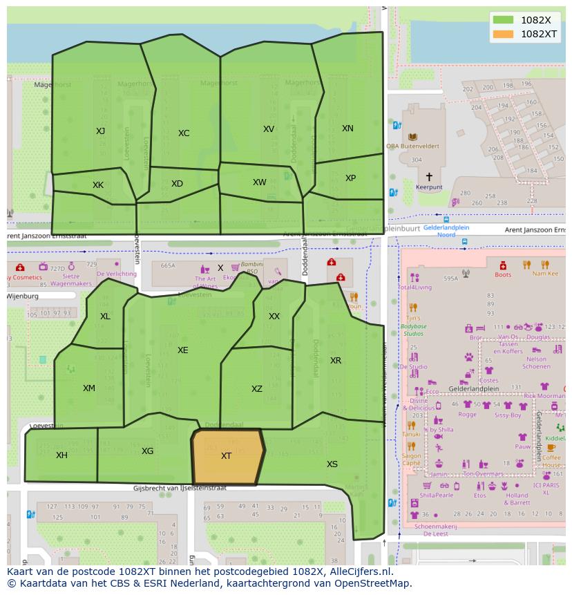 Afbeelding van het postcodegebied 1082 XT op de kaart.