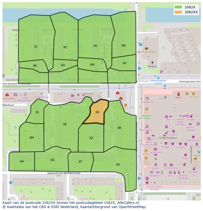 Afbeelding van het postcodegebied 1082 XX op de kaart.