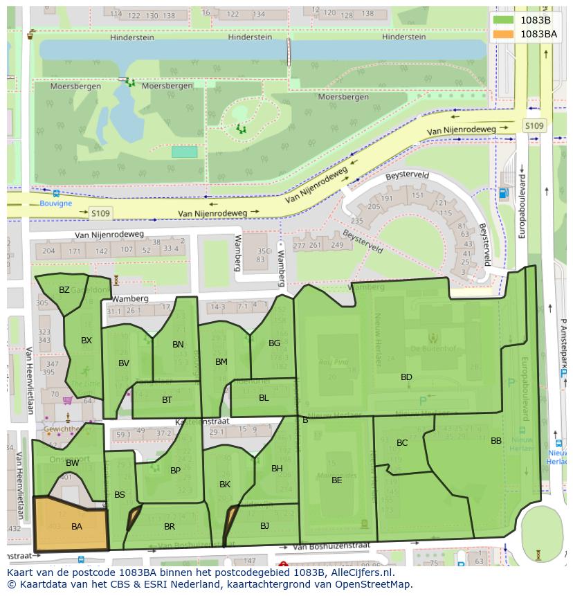 Afbeelding van het postcodegebied 1083 BA op de kaart.