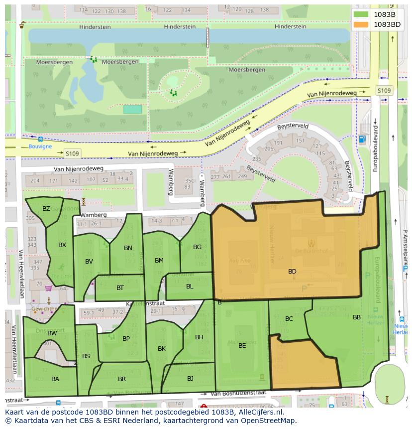 Afbeelding van het postcodegebied 1083 BD op de kaart.